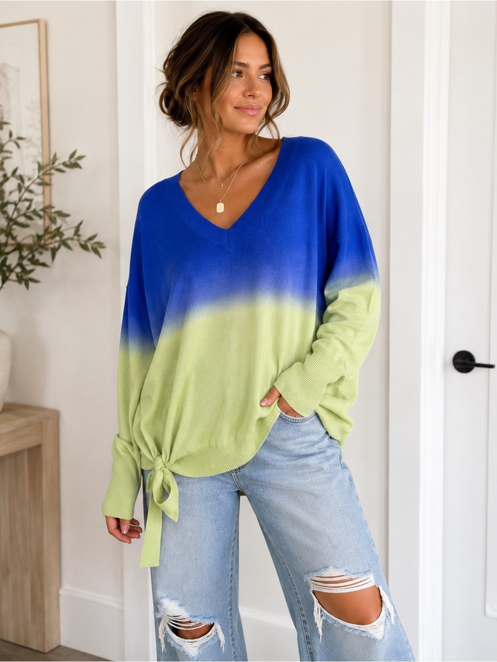 Willow Drive Women’s Large Blue Green Ombré V-Neck Side Tie Sweater Fall Winter